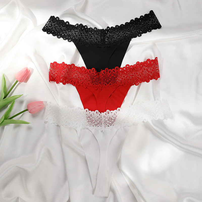 Sexy Lace Splicing Seamless Ice Silk Panties Thong