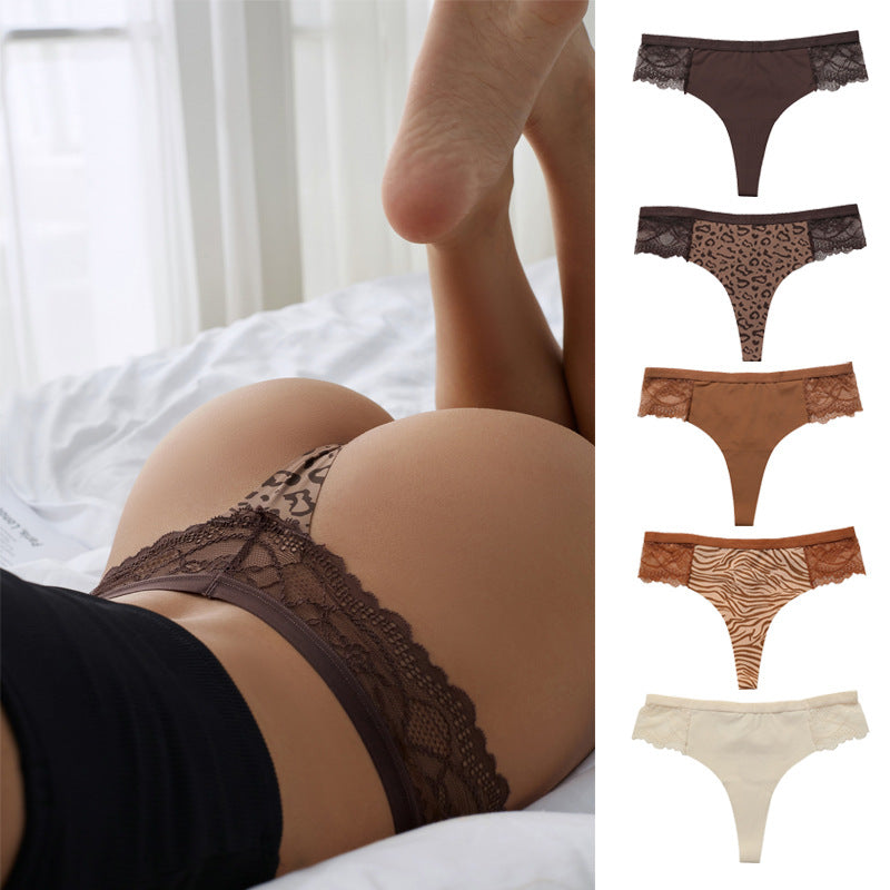 French Sexy Lace Splicing Leopard Print No Trace Panties