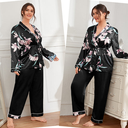 Plus Size Pajamas  Cardigan Tie Sleeping Robe Sleepwear Pants Casual Loose Home Set