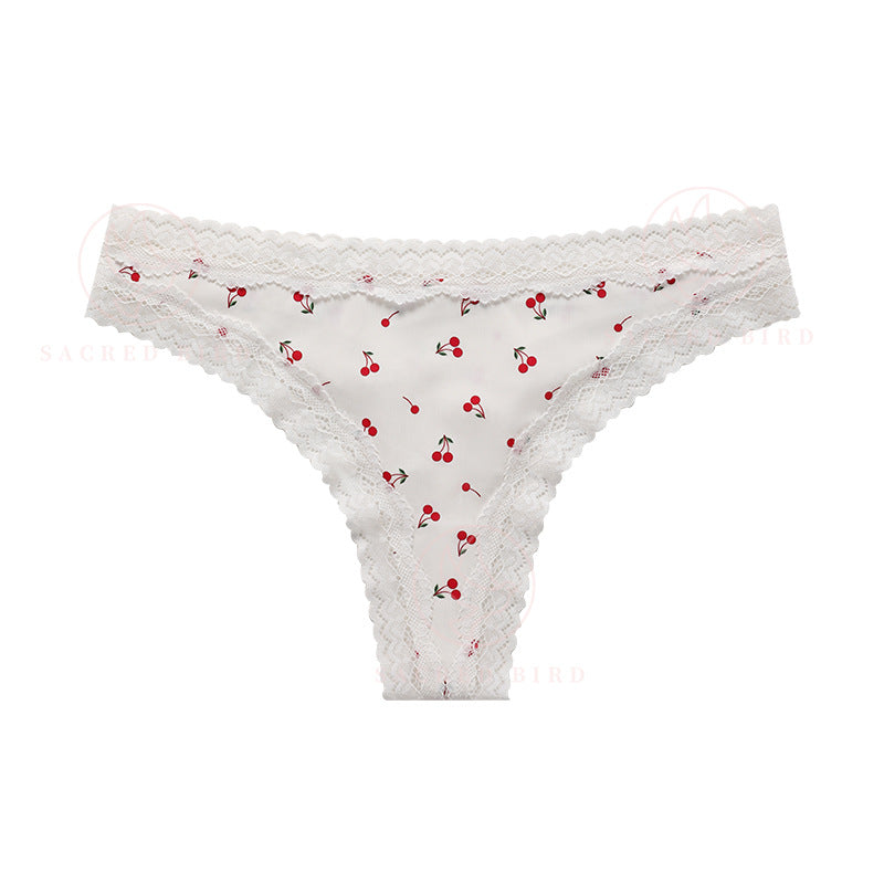 Cherry Print Lace Panties Lightweight Breathable Sexy Thongs