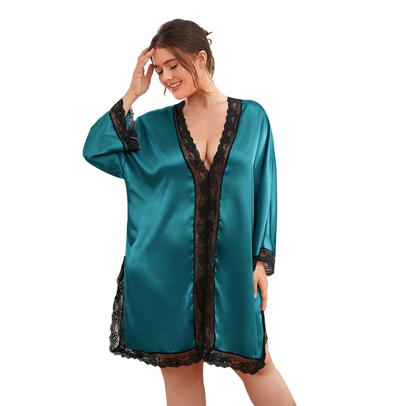 Batwing Sleeve Pullover Faux Silk Robe for Women Sleepwear Robe