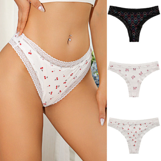 Cherry Print Lace Panties Lightweight Breathable Sexy Thongs