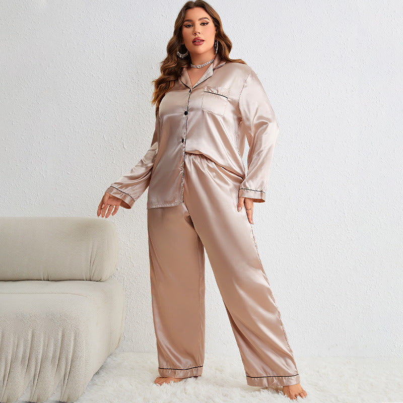 Silk Ice Thin Long Sleeve Long Pants Cardigan Plus Size Sleepwear Set