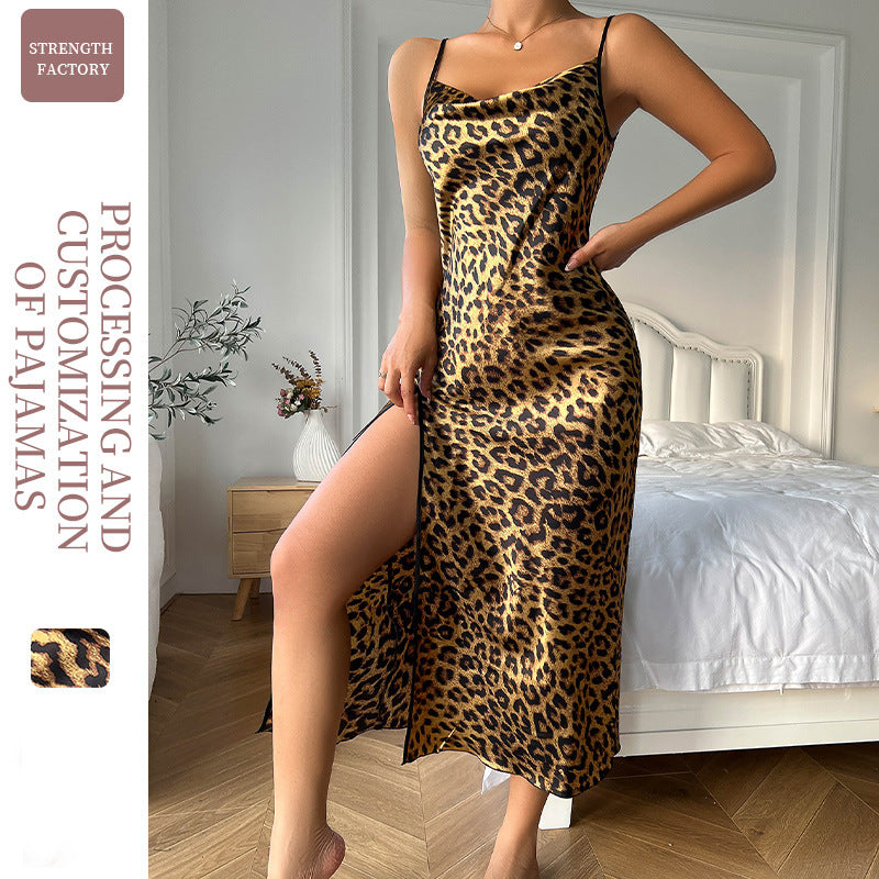 Thin Breathable Ice Silk Sexy Backless Split Sling Leopard Print Nightgown Sleepwear